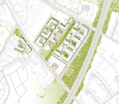 Entwurf von greeen! architects für die Quartiersentwicklung Novaesium-Höfe in Neuss
