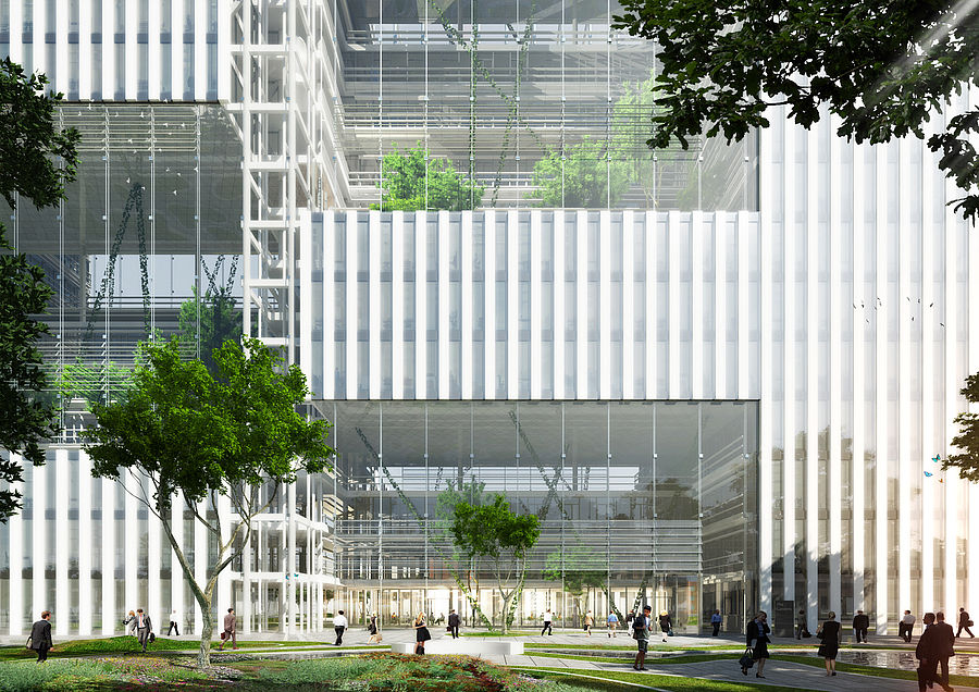 Entwurf des Düsseldorfer Architekturbüros greeen! architects für ein ökologisches Bürogebäude an der Roßstraße / Johannstraße in Düsseldorf
