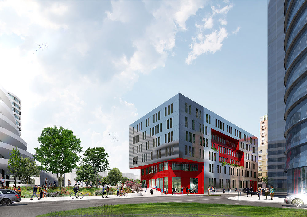 Entwurf von greeen! architects für ein Bürogebäude im Düsseldorfer Medienhafen
