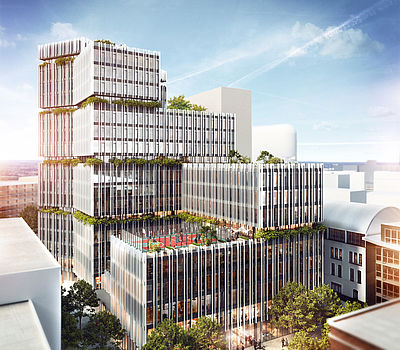Entwurf von greeen! architects für ein Bürogebäude an der Kaistraße / Franziusstraße in Düsseldorf