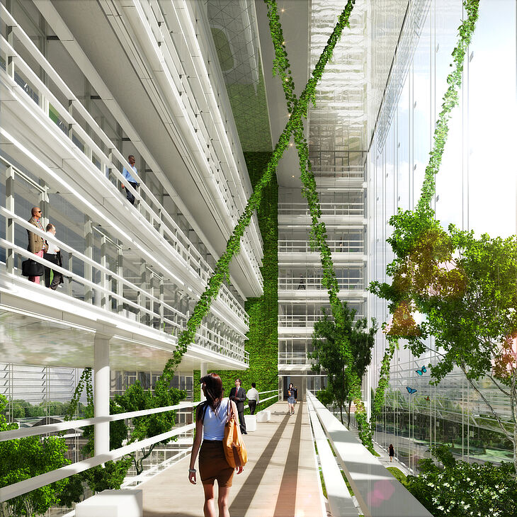 Entwurf des Düsseldorfer Architekturbüros greeen! architects für ein ökologisches Bürogebäude an der Roßstraße / Johannstraße in Düsseldorf